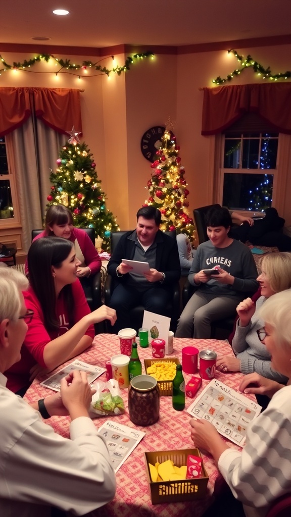 A joyful Christmas gathering with people playing games, decorated with holiday lights and a Christmas tree.